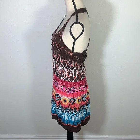 Bohemian Colorful V-Neck Mini Dress Crochet Lace Back Faux Buttons Boho Print - Picture 3 of 12